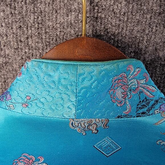 Vtg Peony Chinese Silk-Like Jacket Womens Small Blue Embroidered Mandarin Collar - Picture 12 of 12